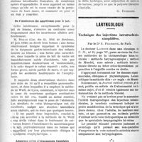 2183 - Page 2190 - Partie scientifique. A travers la presse. Les séquelles de l’appendicectomie [(Journal de Méd. et de Chirurgie prat. 10 juin 1920)] / De l'intolérance des nourrissons pour le lait [(Gaz. des Sc. Méd. de Bordeaux, 27 Juin 1920)] / Amaurose suivie d'hémianopsie transitoire au cours d'une néphrite aiguë [(Gaz. des Hop, n° 57, 1920)] / Laryngologie. Technique des injections intratrachéales simplifiées