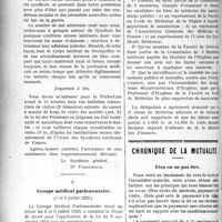 2209 - Page 2216 - Partie professionnelle. La vie syndicale et professionnelle. Syndicat médical de Montpellier, (20 juin 1920) / Groupe médical parlementaire, (2 et 9 juillet 1920) / Chronique de la mutualité. Etre ou ne pas être