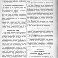 2294 - Page 2301 - Partie scientifique. A travers la presse. Presse française. L'accouchement brusqué [(Presse méd. 3 juillet 1920)] / Les injections sous-cutanées d’arsenobenzol [(Presse Méd. 9 juin 1920)] / Mucocèle du sinus frontal [(Revue Méd. de l’Est. 15 juin 1920)] / Un cas d’oidiomycose pulmonaire [(Bull, méd. juin 1920)] / Presse anglaise. Traitement du lupus par le nitrate acide de mercure [(British med. Journ. 24 juillet 1920)]