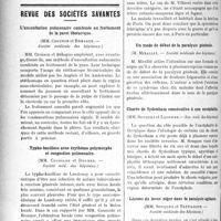 2551 - Page 2558 - Partie Scientifique. A travers la presse. Presse anglaise. Diagnostic des maladies du pancréas [(in British med. Journal, 3-4-1920)] / Revue des sociétés savantes. L’auscultation pulmonaire combinée au frottement de la paroi thoracique, (Société médicale des hôpitaux) / Typho-bacillose avec érythème polymorphe et congestion pulmonaire, (Société méd. des hôpitaux) / Un nouveau cas Parisien de spirochétose ictérigène, (Société méd. des hôpitaux) / Un mode de début de la paralysie générale, (Société médicale des hôpitaux) / Chorée de Sydenham consécutive à une encéphalite, (Soc. méd. des hôpitaux) / Lésions du locus niger dans la paralysie agitante, (Société médicale des hôpitaux)