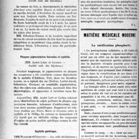 2619 - Page 2626 - Partie Scientifique. Revue des sociétés savantes. Un cas de scorbut grave contracté à Paris, (Société méd. des hôpitaux) / Cancer du foie à évolution lente, (Société méd. des hôpitaux) / Plaques pigmentaires buccales et syphilis, (Société méd. des hôpitaux) / Syphilis gastrique, (Soc. méd. des hôpitaux) / Méningite suppurée à bacille paratyphique B, (Société méd. des hôpitaux) / Matière médicale moderne. La médication phosphorée