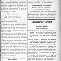 2752 - Page 2759 - Partie Scientifique. Revue des Sociétés Savantes. Angine de poitrine guérie par résection du sympathique, (Académie de médecine) / Colite membraneuse, (Société médicale des hôpitaux) / Pleurésie interlobaire traitée par pneumothorax et néo-salvarsan, (Société médicale des hôpitaux) / Hépatite amibienne aiguë et émétine, (Société médicale des hôpitaux) / Bibliographie critique. Revue des Thèses. Thèse de Montpellier. Traitement des pleurésies purulentes par le goménol et l’électrargol, après insufflation d’air dans la plèvre, par Dr Louis Brunet. Montpellier, imprimerie Firmin et Montane, 1920