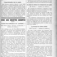3074 - Page 3081 - Partie scientifique. A travers la presse. Presse anglaise. Les éruptions professionnelles chez les ouvriers travaillant le caoutchouc [(Journ. of industrial hygiène, mai 1920)] / L’hyperchlorhydrie chez les enfants [(médical Record, 8 mai 1920)] / Revue des sociétés savantes. Le tartrate borico-potassique et ses « succédanés ! », (Académie de médecine) / Un projet de création d’un inhalatorium pour gazés, (Académie de médecine) / La chirurgie des uretères doubles, (Académie de médecine) / La cinnamaïne associée à la cholestérine dans la tuberculose, (Académie de médecine)