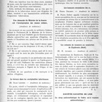 3075 - Page 3082 - Partie scientifique. Revue des sociétés savantes. La cinnamaïne associée à la cholestérine dans la tuberculose, (Académie de médecine) / Une demande du Ministre de la Guerre sur l’incorporation des jeunes soldats, (Académie de médecine) / Le terrain dans les encéphalites infectieuses, (Académie de médecine) / Les tumeurs secondaires des os, (Académie de médecine) / Les colonies de vacances au sanatorium de Zuydcoote (Nord), (Académie de médecine) / Sociétés savantes de Lyon. Le sirop antiscorbutique du Codex est-il vraiment antiscorbutique ?, (Société médicale des hôpitaux)