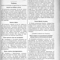 3206 - Page 3213 - Partie scientifique. Revue des sociétés savantes. Paris. Lipome sous-muqueux du gros intestin, (Société de chirurgie) / Toulouse. (Société d’obstétrique et de gynécologie de Toulouse). Dystocie par fibrome praevia / Rupture tubaire / Fausse grossesse chez une psychopathe / Kystes ovariens intra-ligamentaires / Chorée et grossesse / (Société de chirurgie de Toulouse). Périthéliome de la mamelle / Tumeur blanche du genou / (Société de médecine de Toulouse). Faut-il renoncer à l’accouchement prématuré provoqué dans les rétrécissements du bassin / Péritonite généralisée par perforation appendiculaire, laparotomie. Guérison