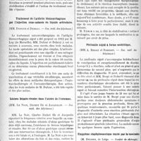 0159 - Page 158 - Partie Scientifique. Revue des sociétés savantes. Paris. Injections de sels de terres cériques dans les tuberculoses locales, (Soc. méd. des hôpitaux) / Traitement de l’arthrite blennorrhagique par l’injection sous-cutanée du liquide articulaire, (Soc. méd, des hôpitaux) / Lésions hépato-rénales dans l’ulcère de l'estomac, (Soc. méd, des hôpitaux) / Etat actuel du traitement anti-tubereuleux par les sels cériques, (Soc. méd. des hôpitaux) / Péritonite aiguë à forme entéritique, (Soc. méd. des hôpitaux) / Empyème staphylococcique traité par la vaccination, (Société de chirurgie)