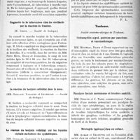 0224 - Page 223 - Partie Scientifique. Revue des sociétés savantes. Paris. Tuberculose, grossesse et pneumothorax, (Société médicale des hôpitaux) / Diagnostic de la tuberculose chez les vieillards par la réaction de fixation, (Société de biologie) / La réaction du benjoin colloïdal dans le zona, (Société de biologie) / La réaction du benjoin colloïdal sur les liquides céphalo-rachidiens des syphilitiques, (Société de biologie) / Les spermatozoïdes des syphilitiques, (Soc. de biologie de Buenos-Aires) / Toulouse. Société anatomo-clinique de Toulouse. Ostéomyélite aiguë, guérison par ponctions et vaccinothérapie / Paralysie faciale zostérienne et troubles auditifs / Méningite typhique chez un enfant