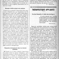 0360 - Page 359 - Partie Scientifique. Revue des sociétés savantes. Lyon. Société médicale des hôpitaux. Adénopathie cervico-médiastinale tuberculeuse à marche rapide chez l’adulte / Méningite cérébro-spinale avec purpura / Trépanation décompressive dans les tumeurs cérébrales / Thérapeutique appliquée. Arséno-benzols et iodo-mercuriques