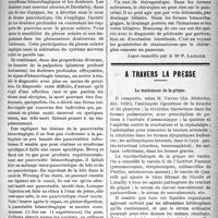 0486 - Page 485 - Partie Scientifique. Clinique médicale, Hôpital Saint-Antoine : M. le prof. Chauffard. Pancréatite hémorrhagique dans la lithiase biliaire / A travers la presse. Le traitement de la grippe [(La Médecine, déc. 1920)] / Conceptions modernes sur la pathogénie des ictères [(L’Hôpital, déc. 1920, B)]