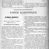0738 - Page 737 - Propos du jour. Soyons prévoyants- Ne comptons pas sur la gratitude publique. L'émouvant exemple de Madame le Dr Madeleine Brès, doyenne du corps médical français [J. Noir] / Partie scientifique. Clinique infantile, Hôpital S-Louis (annexe Grancher). M. Jules Renault. De l’albuminurie de l’enfance [Leçon recueillie par le Dr R. Molinéry, et vue par l’auteur)]