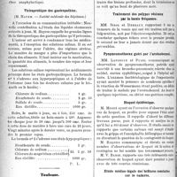 0825 - Page 824 - Partie scientifique. Revue des sociétés savantes. Influence curative du choc anaphylactique dans les infections expérimentales, (Académie de médecine) / Thérapeutique des gastropathies, (Société médicale des hôpitaux) / Toulouse. Etat parkinsonien consécutif à l’encéphalite léthargique / Société de médecine de Toulouse.. Traitement des polypes vésicaux par la haute fréquence / Pyopneumothorax guéri par l’arsénobenzol / Hoquet épidémique / Etude médico-légale des brûlures constatées sur le cadavre / Hémiplégie au cours d’épanchements pleurétiques