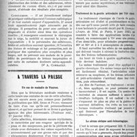 0887 - Page 886 - Partie scientifique. Radiologie clinique. Diagnostic radiologique de l’appendicite et de ses indications opératoires / A Travers la presse. Un cas de maladie de Vaquez [(Toulouse méd, 1er janvier 1921)] / Traitement de la goutte articulaire par l’air chaud [(Journ. de Méd, de Paris, 8 janv. 1921)] / Le sérum sérique anti-hémorragique [(Presse médicale, 12 janv. 1921)]