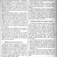 0958 - Page 957 - Partie scientifique. A Travers la presse. Le toucher rectal, voie d’examen appendiculaire chez l’enfant [(Journ. des Prat, 15 janv. 1921)] / Melaena grave chez un nouveau-né [(Journ. des Sc. méd. de Lille, 16 janv. 1921)] / Hématémèse et mélaena du nouveau-né [(Gaz des Hôp, n° 7, 1921)] / Traitement rachidien de la syphilis nerveuse [(Paris méd, 15 janvier 1921)] / Traitement moderne des abcès du foie