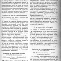 0966 - Page 965 - Partie scientifique. Revue des sociétés savantes. L’état hépato-rénal dans l’ulcus gastrique, (Société méd. des hôpitaux) / Tréponèmurie au cours de la syphilis secondaire, (Société méd. des hôpitaux) / Les bouillons de Delbet dans le traitement de l’érysipèle des nouveau-nés, (Société médicale des hôpitaux) / La maladie de Schlatter, (Société de médecine de Paris, ) / Un cas mortel d’abcès de l’amygdale, (Société de médecine de Nancy) / Recherches sur l’action antianaphylactique des eaux de Cauterets, (Société d’hydrologie médicale)
