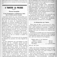1038 - Page 1037 - Partie scientifique. Diététique. L’erreur du lait dans la fièvre typhoïde, par le Dr G. Meunier / A travers la presse. Presse française. Un cas d’invagination à répétition de l'iléon chez un enfant porteur d’ascaris [(Gaz. des Soc. méd. de. Bordeaux. 23 janv. 21)] / A qui doivent appartenir les corps étrangers qui sont extraits chirurgicalement de l’organisme ? [(Journ. de méd. de Paris, 20 janv. 21)] / La thérapeutique par l’oignon [(L'Hôpital, janvier 1921 B)] / Le cyanure de mercure intra-veineux