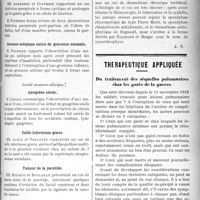 1112 - Page 1111 - Partie scientifique. Revue des sociétés savantes. Toulouse. Société d'Obstétrique et de Gynécologie. Kyste du parovaire et grossesse / Infection puerpérale / Grossesse ectopique suivie de grossesse normale / Société anatomo-clinique. Gangrène sénile / Colite infectieuse grave / Tumeur de la parotide / Ostéosyphilose héréditaire tardive / Cancer du rein / Rhumatisme chronique vertébral / Thérapeutique appliquée. Du traitement des séquelles pulmonaires chez les gazés de la guerre