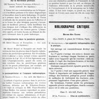 1188 - Page 1187 - Partie scientifique. Revue des sociétés savantes. Syphilis mésocéphalique et encéphalite léthargique, (Soc. méd. des hôp) / Sur la bacillémie pesteuse, (Société médicale des hôpitaux) / L’hyperglycorachie dans la paralysie générale, (Soc. méd. des hôpitaux) / Le pneumopéritoine et l’examen radioscopique, (Soc. méd. des hôpitaux) / La cuti-réaction à la tuberculine pendant les règles, (Soc. médicale des hôpitaux) / Bibliographie critique. Revue des livres. Les appareils indispensables dans la pratique, par P. Soubeyran, Chez Doin, Paris / Atlas de syphilométrie, par Dr A. Vernes, Chez F. Alcan, Paris