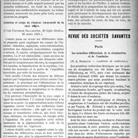 1470 - Page 1465 - Partie scientifique. A travers la presse. Presse espagnole. Les dangers du traitement intra-rachidien, (El Siglo Medico, 26 mars 1921) / Insolations et coups de chaleur. Immunité de la race nègre, (El Siglo Medico, 26 mars 1921) / Les vitamines et leur influence sur le développement de certains micro-organismes, (El Siglo Medico, 2 avril 1921) / Revue des sociétés savantes. Paris. Les caractères différentiels de la strophantine et de l’ouabaïne, (Académie de médecine) / Le vaccin de Delbet chez les enfants, (Société de chirurgie)