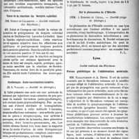 1472 - Page 1467 - Partie scientifique. Revue des sociétés savantes. Paris. La radiothérapie dans la dyspnée de l’adénopathie trachéo-bronchique, (Société médicale des hôpitaux) / Valeur de la réaction du benjoin colloïdal, (Société médicale des hôpitaux) / Pyothérapie. Auto-vaccination curative, (Société de Biologie) / Un cas de lactosurie précoce, (Société de Biologie de Lyon) / Sur le phénomène de d’Hérelle, (Société belge de Biologie) / Lyon. Société médicale des Hôpitaux. Forme phlébitique de l’oblitération artérielle