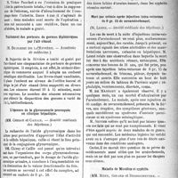 1536 - Page 1531 - Partie scientifique. Revue des sociétés savantes. Les aortites syphilitiques et le traumatisme chirurgical, (Académie de médecine) / Gastrectomie totale pour ulcères calleux, (Académie de médecine) / Traitement des porteurs de germes diphtériques par l’air chaud, (Académie de médecine) / L’épreuve de la glycuronurie provoquée en clinique hépatique, (Société médicale des hôpitaux) / Le traitement de guérison de la syphilis, (Société médicale des hôpitaux) / Mort par urémie après injection intra-veineuse de 0 gr. 15 de novarsénobenzol, (Société médicale des hôpitaux) / Maladie de Miculiez et syphilis, (Soc. méd. des hôp)