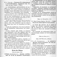 1687 - Page 1682 - Partie scientifique. Bibliographie critique. Revue des Livres. Cauterets y sus aguas. Indications y contra-indicationes de la cura local, par Dr H. Anglade / Traitement de la tuberculose par le vaccin B2 de Bossan, par Dr A. Gérard, (Imprimerie Paul Maruny, Paris) / Revue des Thèses. Thèse de Lyon, 1921. Contribution à l’étude de la rachianesthésie (rachianesthésie basse), par Dr A. Fauché, (Imprimerie du Centre, Lyon) / Thèse de Montpellier, 1921. A propos d’un cas de torsion aiguë des annexes herniées, par Dr Henri-Marius-Charles Reynès / Thèse de Paris, 1921. Du traitement des affections broncho-pulmonaires par l’éther phosphorique de la créosote, par Dr A. E. Djismedjian, chez Jouve et Cie, éditeurs