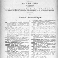 1845 - Page 1840 - Table des matières contenues dans le "Concours Médical". Année 1921, 1er Semestre. Partie Scientifique