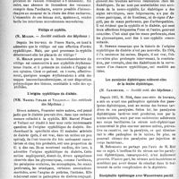 1905 - Page 1898 - Partie Scientifique. Revue des sociétés savantes. Paris. Lésions de la muqueuse utérine produites par le radium, (Académie de médecine) / Vitiligo et syphilis, (Société médicale des hôpitaux) / L’origine syphilitique du diabète, (Soc. médicale des hôpitaux) / Les paralysies diphtériques relèvent-elles de la toxine diphtérique, (Société méd. des hôpitaux) / Encéphalite épidémique avec Wassermann positif, (Soc. méd. des hôp)