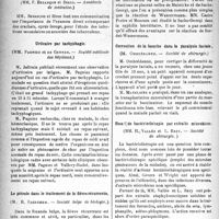 2045 - Page 2038 - Partie scientifique. Revue des sociétés savantes. Paris. L’opothérapie cardiaque, (Académie de médecine) / Sur l’examen des crachats, (Académie de médecine) / Urticaire par tachyphagie, (Société médicale des hôpitaux) / Le pétrole dans le traitement de la fièvre récurrente, (Société belge de biologie) / La réaction de Sachs-Georgi dans la syphilis héréditaire, (Société biologique de Lisbonne) / Correction de la bouche dans la paralysie faciale, (Société de chirurgie) / Essai de bactériothérapie par extraits microbiens, (Société de chirurgie)