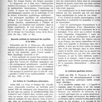 2101 - Page 2094 - Partie scientifique. A travers la presse. La médiastinite syphilitique [(Gaz. des hôp. 1921, n° 36)] / Nouvelle méthode de traitement des myélites et du tabès [(Gaz. des hôp. 1921, n° 36)] / Les méfaits de l’insuffisance alimentaire [(Paris méd, 7 mai 1921)] / Le syndrome gastrique précoce [{Bull, méd. 7 mai 1921)]
