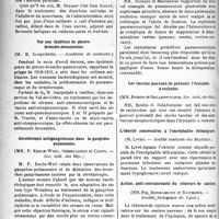 2163 - Page 2156 - Partie scientifique. Revue des sociétés savantes. L’amidon paraffiné dans le traitement de la diarrhée, (Académie de médecine) / Sur une épidémie de pleuro-broncho-pneumonies, (Académie de médecine) / Sérothérapie antigangréneuse dans la gangrène pulmonaire, (Soc. méd. des hôp) / Septicémie pneumococcique, (Soc. méd. des hôpitaux) / Les vaccins peuvent-ils prévenir l’érysipèle à rechutes, (Soc. méd. des hôp) / L’obésité consécutive à l’encéphalite léthargique, (Société médicale des hôpitaux) / Action anti-convulsivante du chlorure de calcium, (Société biologique de Lyon)