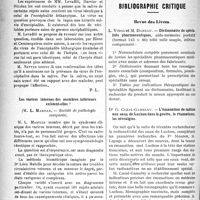 2223 - Page 2216 - Partie scientifique. Revue des sociétés savantes. Action de l’eau de la Bourboule sur la nutrition, (Société de Biologie) / Les porteurs sains du virus encéphalitique, (Société de Biologie) / Les varices internes des membres inférieurs existent-elles ?, (Société de pathologie comparée) / Bibliographie critique. Revue des Livres. Dictionnaire de spécialités pharmaceutiques, par L- Vidal et M. Dareau / L’émanation de radium aux eaux de Luchon dans la goutte, le rhumatisme, les névralgies, par Dr G. Cazal-Gamelsy