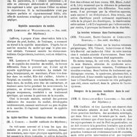 2402 - Page 2395 - Partie scientifique. Revue des sociétés savantes. La rachianesthésie à la novocaïne par le procédé de Delmas, (Académie de médecine) / Syphilis musculaire du mollet, (Soc. méd. des hôpitaux) / La typho-bacillose de Landouzy chez les enfants. (M. J. Comby. —, (Société médicale des hôpitaux) / Le chlorure de potassium dans la néphrite hydropigène, (Soc. méd. des hôp) / La tension veineuse dans l’acrocyanose, (Soc. méd. des hôp) / Dangers de la ponction lombaire dans le mal de Pott, (Soc. méd. des hôpitaux) / Pour prévenir le choc novarsenical, (Soc. méd. des hôpitaux)