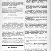 2530 - Page 2523 - Partie scientifique. Revue des sociétés savantes. Toulouse. Société anatomo-clinique. Perforation utérine post-abortive / Pemphigus de la conjonctive / Malformation cérébrale / Myopathie familiale / Société de Médecine. Traumatisme oculaire / Maladie de Parinaud / Maladie d'Addison avec symptômes dysentériformes / Maladie de Parkinson et encéphalite léthargique / Bibliographie critique. Revue des thèses. Thèses de Paris. L’asthénie chronique traumatique. Description clinique. Médecine légale, par Dr M. Leinberger (A. Commelin, éditeur, 1921) / Lyon. Procédé permettant une évaluation approximative du poids du foetus in Utero, par Dr Robert Luc (Lyon, Imprimerie Express, 1921)