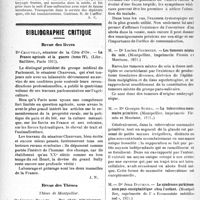 2703 - Page 2696 - Partie scientifique. Revue des sociétés savantes. Lyon. Société médicale des Hôpitaux. Réunion obstétricale et gynécologique / Bibliographie critique. Revue des livres. La France agricole et la guerre (tome IV), par Dr Chauveau (Libr. Baillière, Paris 1921) / Revue des Thèses, Thèses de Montpellier. Des abcès péri-vésicaux ouverts dans la vessie, par Dr Georges Pradet (Montpellier, imprimerie « L’abeille » (coopérative ouvrière, 1921)) / Les tumeurs mixtes du sein, par Dr Lucien Fournier (Montpellier, imprimerie Firmin et Montane, 1921) / La tuberculose mammaire primitive, par Dr Georges Subra (Montpellier, imprimerie Firmin et Montane, 1921)