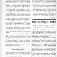 2847 - Page 2840 - Partie scientifique. A travers la presse. Les syncopes et les douleurs sous-mammaires gauches des constipés [(Journ. de médecine et de chirurgie pratiqués, 10 août 1921)] / Traitement des eczémas professionnels par l’autohémothérapie [(L’Hôpital, août 1921-B)] / Revue des sociétés savantes. Etude chirurgicale sur 220 greffes ovariennes, (Académie de médecine)