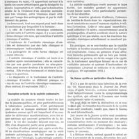 3084 - Page 3077 - Partie scientifique. A travers la presse. De l’urétrite chronique d’emblée [(Paris médical, 10 septembre 1921)] / Conception actuelle de la syphilis pulmonaire [(Journal de médecine et de chirurgie pratiques, 10 septembre 1921)] / La fausse cystite en particulier chez la femme [(Néris, Saint-Sauveur, Baghêres-de-Bigorre, Lamalou) (10 septembre 1921)]