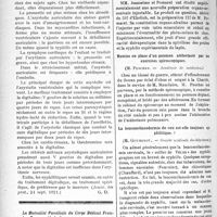 3297 - Page 3290 - Partie scientifique. A travers la presse. Le pronostic de l’asystolie auriculaire [(Journ. Des prat. 24 sept. 1921)] / Revue des sociétés savantes. Un nouvel arsenic organique injectable, (Académie de médecine) / Remise en place d’un poumon atélectasié par les exercices spiroscopiques, (Académie de médecine) / La leucomélanodermie du cou est-elle toujours syphilitique. ?, (Société médicale des hôpitaux)