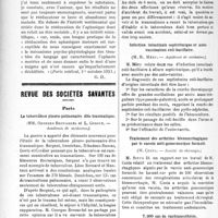 3373 - Page 3366 - Partie scientifique. A travers la presse. La rééducation des aphasiques moteurs [(Paris médical. 1er octobre 1921)] / Revue des sociétés savantes. Paris. La tuberculose pleuro-pulmonaire dite traumatique, (Académie de médecine) / Infection intestinale septicémique et auto-vaccination coli-bacillaire, (Académie de médecine) / Traitement des arthrites blennorrhagiques par le vaccin anti-gonococcique formulé, (Société de chirurgie), (Société des chirurgiens de Paris) / 7000 cas de rachianesthésie, (Société des chirurgies de Paris)