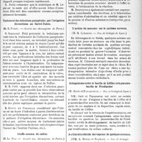 3374 - Page 3367 - Partie scientifique. Revue des sociétés savantes. Paris. 7000 cas de rachianesthésie, (Société des chirurgies de Paris) / Traitement des infections puerpérales par l’irrigation discontinue au Carrel-Dakin, (Société des chirurgiens de Paris) / Greffe osseuse du radius, (Société des chirurgiens de Paris) / Action des produits ovariens sur les cuti-réactions à la tuberculine, (Société de biologie) / L'action du mercure sur le système nerveux, (Soc. de biologie de Lyon) / Antagonisme entre le bacille de Löffler et le pneumo-bacille de Friedlander, (Soc. de biologie de Lyon) / Action microbicide des vapeurs de quelques essences, (Soc. de biologie de Lyon)