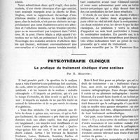 0123 - Page 188 - Partie scientifique. Travaux Originaux. Neurologie, M. le Prof. Pierre Marie. Chorées / Physiothérapie clinique. La pratique du traitement cinétique d’une scoliose, par R. Molinéry