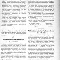 0148 - Page 235 - Partie professionnelle. Comptes rendus, documents, pièces officielles…. La vie syndicale. Syndicat des médecins de la Seine / Groupe médical parlementaire / Fédération des Syndicats médicaux de l’Hérault