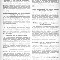 0181 - Page 284 - Partie scientifique. L’Actualité Scientifique. Les Sociétés Savantes. Lyon. Société nationale de médecine et des sciences médicales. Tuberculose annexielle / Fibrome de 11 kilos extirpé par myomectomie / Cathétérisme endoscopique dans les rétrécissements traumatiques de l’urèthre / Injections de lait dans le traitement de la furonculose / Intoxication par les vapeurs d’aniline / Société médicale des hôpitaux. Dilatation des bronches et gangrène pulmonaire / Paralysie diphtérique. Bacilles dans les centres nerveux et les racines des nerfs crâniens / Purpura hémorrhagique aigu mortel secondaire à un érysipèle de la face / Syndrome adiposo-génital avec élargissement de la selle turcique / Héméralopie chez un gastro-entéritique soumis à un régime carencé / Blépharospasme lié à un bacille pseudo-diphtérique