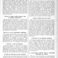 0182 - Page 287 - Partie scientifique. L’Actualité Scientifique. Les Sociétés Savantes. Lyon. Société médicale des hôpitaux. Granulie pulmonaire consécutive à une tuberculose surrénale latente. Nombreux pneumocoques dans les crachats / Tension du liquide céphalo-rachidien dans la méningite tuberculeuse / Note sur six cas de poliomyélite épidémique / Syndrome pseudo-acromégalique / Le citrate de soude dans les états congestifs / L’hémoclasie digestive dans la tuberculose pulmonaire / Coup de chaleur dans une crèche / Recherches sur les diastases tissulaires / Le pneumothorax artificiel dans la tuberculose pulmonaire de l’enfant