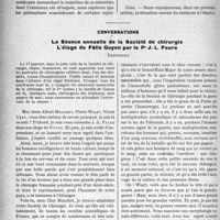 0247 - Page 384 - Partie professionnelle. Travaux Originaux. Les hôpitaux et le corps médical. 2° Honoraires pour soins médicaux aux accidentés du travail hospitalisés / Conversations. La Séance annuelle de la Société de chirurgie. L’éloge de Félix Guyon par le Pr J. -L. Faure