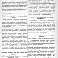 0294 - Page 455 - Partie scientifique. L’Actualité Scientifique. Les Sociétés Savantes. Paris. Maladie bronzée non addisonienne, (Soc. méd. des hôp. — 8-12-1922) / Vergetures de l’hémithorax gauche après un pneumothorax droit, (Soc. méd. des hôp, 8-12-1922) / Tétanos hyperchronique, évoluant en sept années, (Soc. méd. des hôp, 8-12-1922) / Intervention chirurgicale dans une dilatation des bronches, (Soc. méd. des hôp, 15-12-1922) / Fièvre typhoïde à forme rhumatismale et arthrotyphus, (Société médicale des hôpitaux, 15-12-1922) / Ostéome du brachial antérieur traité par la radiothérapie, (Société de chirurgie, 22-11-1922) / Sternotomie médiane pour aborder le médiastin antérieur, (Société de chirurgie, 22-11-1922) / Hématome anévrysmal consécutif à une blessure de l’axillaire, (Société de chirurgie, 22-11-1922)