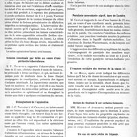 0296 - Page 457 - Partie scientifique. L’Actualité Scientifique. Les Sociétés Savantes. Toulouse. Société de Médecine. Volvulus du côlon pelvien par méso-sigmoïdite rétractile / Occlusion intestinale par bride au cours d’une péritonite tuberculeuse / Etranglement de l'appendice / Paralysie congénitale du muscle droit supérieur / Paralysie ascendante aiguë, type de Landry / L’examen oculaire des recrues de la classe 20 / Action du thorium X sur certains ferments / Un cas de carie sèche de l’épaule