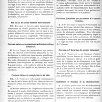 0297 - Page 458 - Partie scientifique. L’Actualité Scientifique. Les Sociétés Savantes. Toulouse. Société de Médecine. Un cas de carie sèche de l’épaule / Un cas d’ankylose de l’articulation temporo-maxillaire gauche / Sur un cas de double luxation avec cataracte / Nouveau traitement opératoire de la rhinite atrophique ozénateuse / Fracture oblique du condyle interne du tibia / Un cas de sarcome du sein / Société de chirurgie. Résection sous-périostée d’une malléole tuberculeuse / Péritonite généralisée par perforation d’un cancer de l’estomac / Fracture en Y de la base du premier métacarpien / Indications et résultats de la cholécystectomie / Fibro-myxome volumineux du bassin