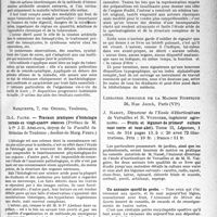 0300 - Page 465 - Partie scientifique. L’Actualité Scientifique. Les livres. Au lit du tuberculeux. Des animaux réfractaires à l’homme. Méthode d’immunisation artificielle, par Dr F. Barbary, A. Maloine et Fils, éditeurs, Paris / Travaux pratiques d’histologie normale en vingt-quatre séances, par Ch. -L. Faure, Marqueste, Toulouse / Fruits et légumes de primeur culture sous verre et sous abri, par J. Nanot, R. Vuignier, Librairie Agricole de la Maison Rustique, Paris (VIe)