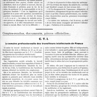 0306 - Page 477 - Partie professionnelle. Travaux Originaux. Questions ouvrières et sociales. La misère des médecins allemands et l’assurance-maladie / Comptes rendus, documents, pièces officielles.... C. T. I. La semaine professionnelle des travailleurs intellectuels de France