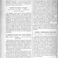 0461 - Page 718 - Partie scientifique. L’Actualité Scientifique. Les Sociétés Savantes. Paris. Le rendement professionnel des malades de guerre, (Académie de médecine, 30-1-1923) / Les prières musulmanes et l’hygiène, (Académie de médecine, 30-1-1923) / La médication bismuthée dans l’aortite syphilitique, (Soc. méd. des hôp. 23-12-1922) / Le signe de l'hyperesthésie de la région thyroïdienne, (Société médicale des hôpitaux, 15-12-1922) / Injections médicamenteuses intra-artérielles, (Société de biologie, 27-1-1923) / Traitement des porteurs de germes diphtériques par les badigeonnages de pneumobacilles, (Société biologique de Lyon, 15-1-1923)